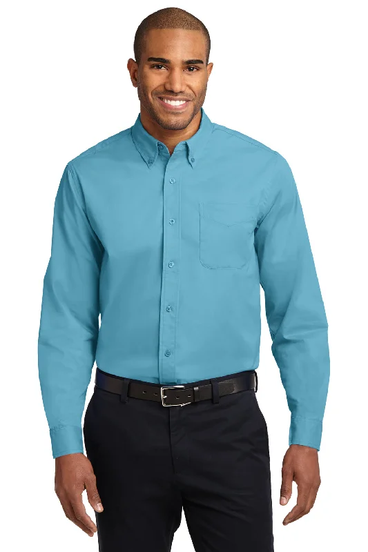 Port Authority Mens Easy Care Wrinkle Resistant Long Sleeve Button Down Shirt w/ Pocket - Maui Blue - Closeout