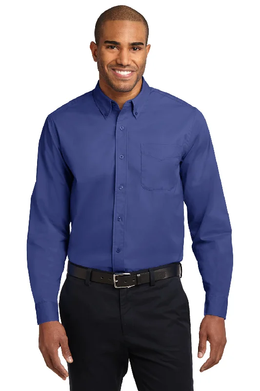 Port Authority Mens Easy Care Wrinkle Resistant Long Sleeve Button Down Shirt w/ Pocket - Mediterranean Blue