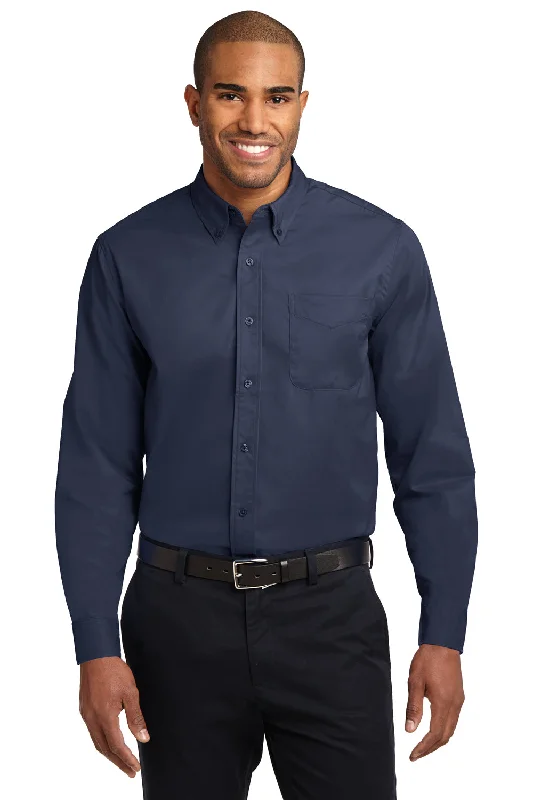 Port Authority Mens Easy Care Wrinkle Resistant Long Sleeve Button Down Shirt w/ Pocket - Navy Blue