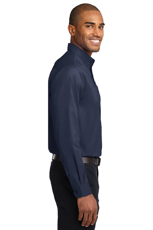 Port Authority Mens Easy Care Wrinkle Resistant Long Sleeve Button Down Shirt w/ Pocket - Navy Blue