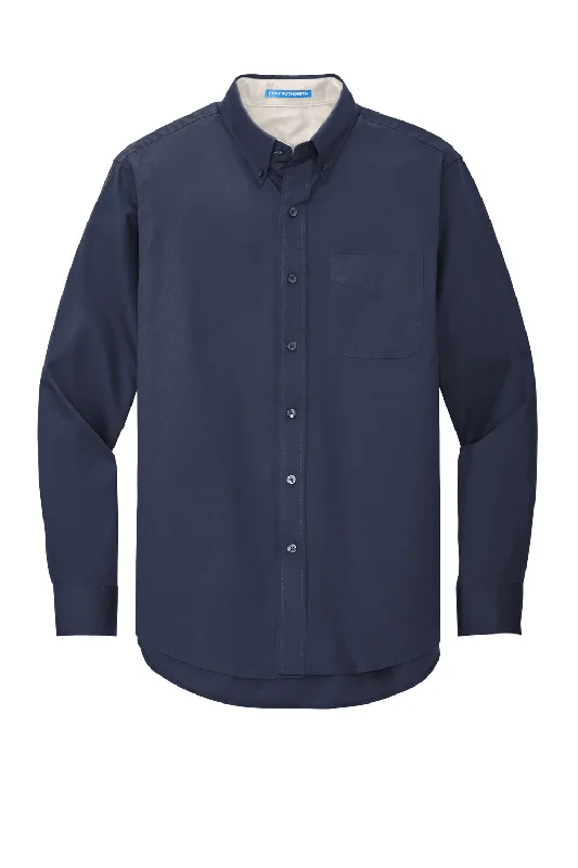 Port Authority Mens Easy Care Wrinkle Resistant Long Sleeve Button Down Shirt w/ Pocket - Navy Blue