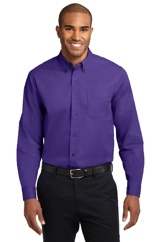 Port Authority Mens Easy Care Wrinkle Resistant Long Sleeve Button Down Shirt w/ Pocket - Purple