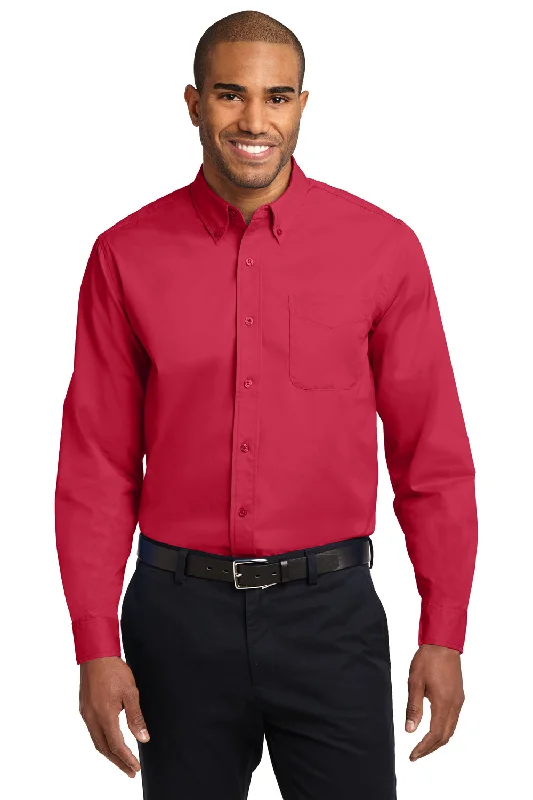 Port Authority Mens Easy Care Wrinkle Resistant Long Sleeve Button Down Shirt w/ Pocket - Red