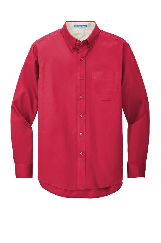 Port Authority Mens Easy Care Wrinkle Resistant Long Sleeve Button Down Shirt w/ Pocket - Red