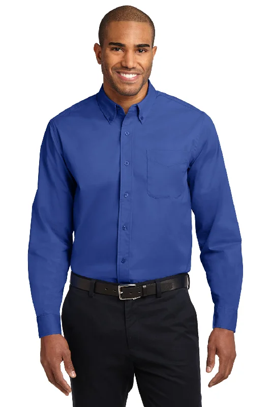 Port Authority Mens Easy Care Wrinkle Resistant Long Sleeve Button Down Shirt w/ Pocket - Royal Blue