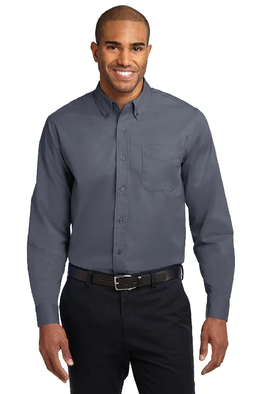 Port Authority Mens Easy Care Wrinkle Resistant Long Sleeve Button Down Shirt w/ Pocket - Steel Grey