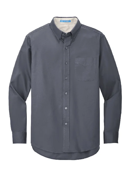 Port Authority Mens Easy Care Wrinkle Resistant Long Sleeve Button Down Shirt w/ Pocket - Steel Grey