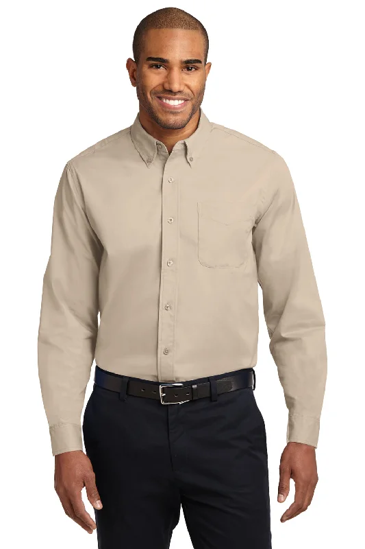 Port Authority Mens Easy Care Wrinkle Resistant Long Sleeve Button Down Shirt w/ Pocket - Stone Brown