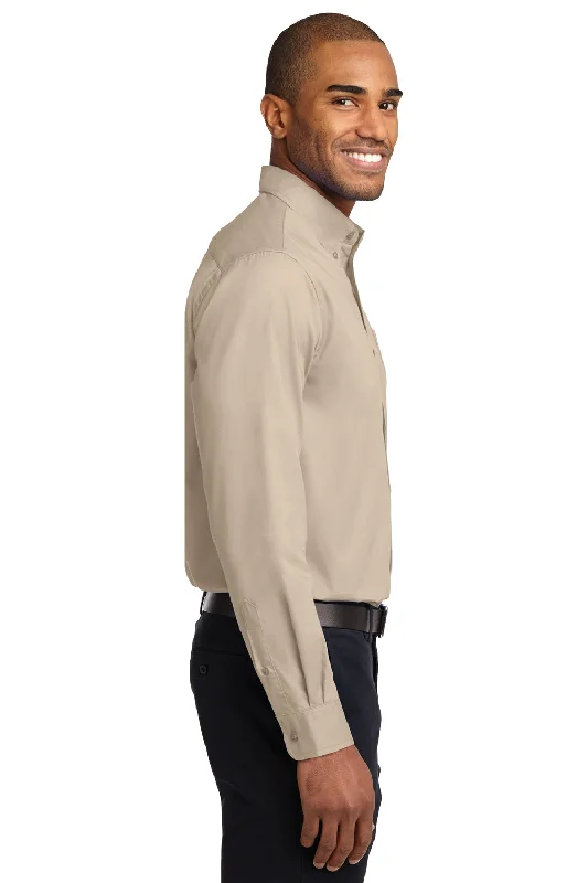 Port Authority Mens Easy Care Wrinkle Resistant Long Sleeve Button Down Shirt w/ Pocket - Stone Brown