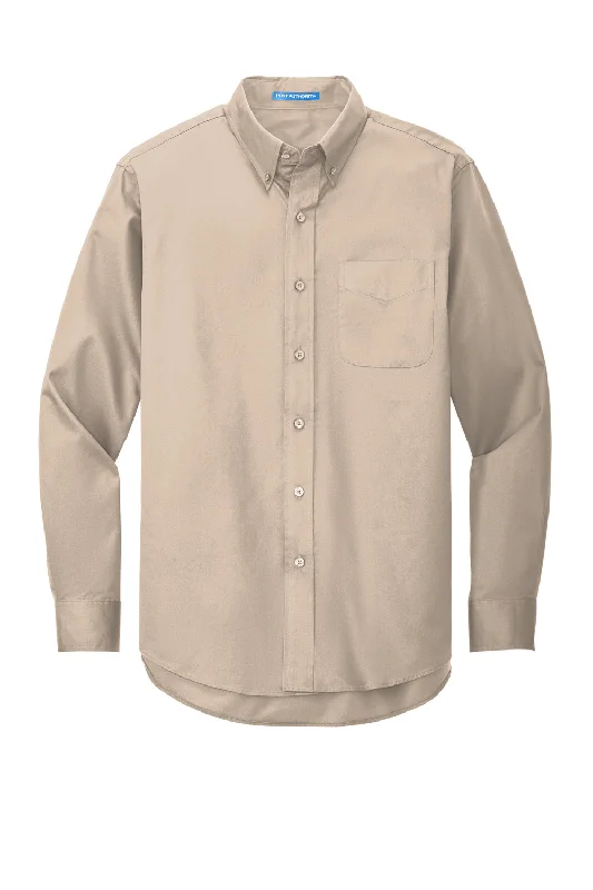 Port Authority Mens Easy Care Wrinkle Resistant Long Sleeve Button Down Shirt w/ Pocket - Stone Brown