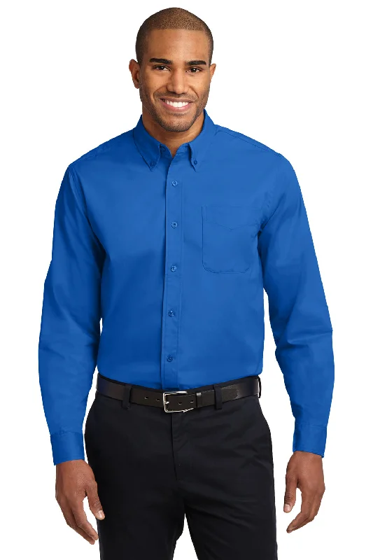 Port Authority Mens Easy Care Wrinkle Resistant Long Sleeve Button Down Shirt w/ Pocket - Strong Blue