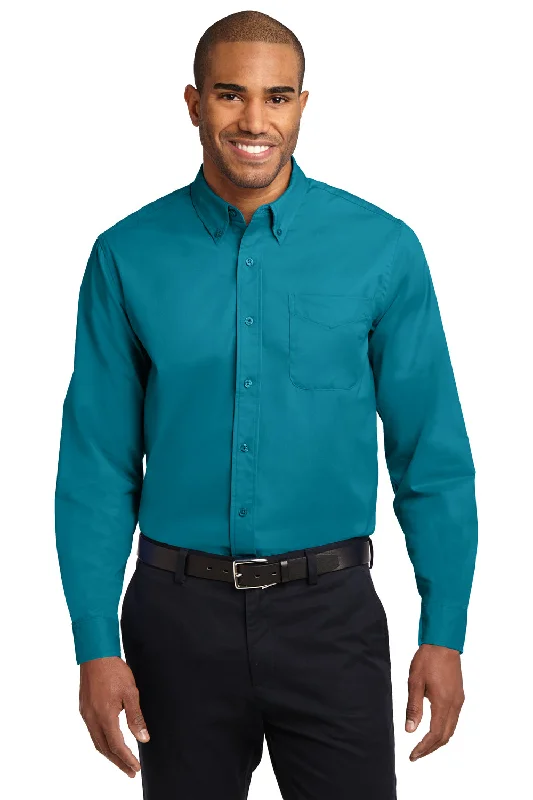 Port Authority Mens Easy Care Wrinkle Resistant Long Sleeve Button Down Shirt w/ Pocket - Teal Green