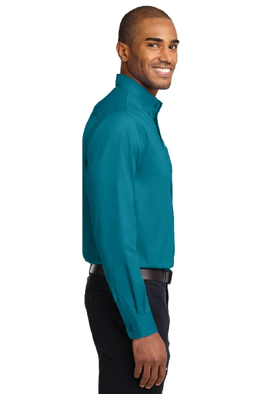 Port Authority Mens Easy Care Wrinkle Resistant Long Sleeve Button Down Shirt w/ Pocket - Teal Green