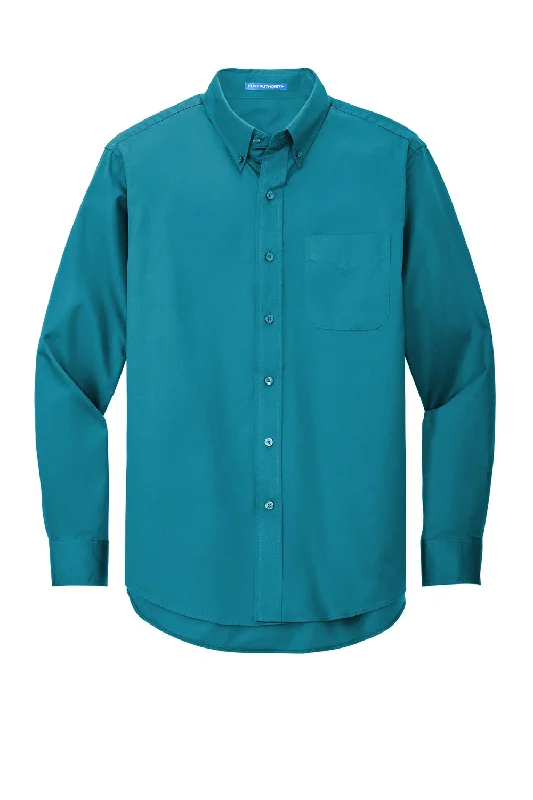 Port Authority Mens Easy Care Wrinkle Resistant Long Sleeve Button Down Shirt w/ Pocket - Teal Green