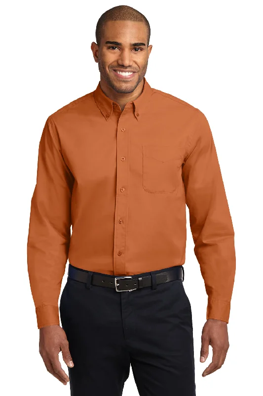 Port Authority Mens Easy Care Wrinkle Resistant Long Sleeve Button Down Shirt w/ Pocket - Texas Orange