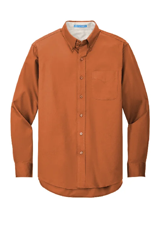 Port Authority Mens Easy Care Wrinkle Resistant Long Sleeve Button Down Shirt w/ Pocket - Texas Orange