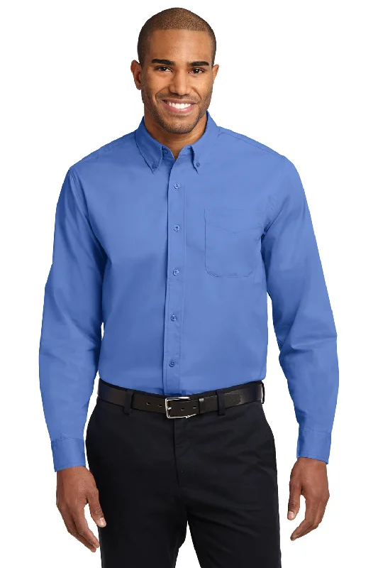 Port Authority Mens Easy Care Wrinkle Resistant Long Sleeve Button Down Shirt w/ Pocket - Ultramarine Blue