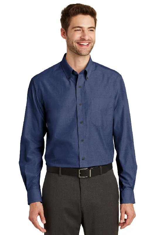 Port Authority Mens Easy Care Wrinkle Resistant Long Sleeve Button Down Shirt w/ Pocket - Deep Blue