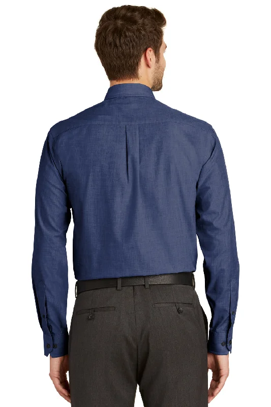 Port Authority Mens Easy Care Wrinkle Resistant Long Sleeve Button Down Shirt w/ Pocket - Deep Blue