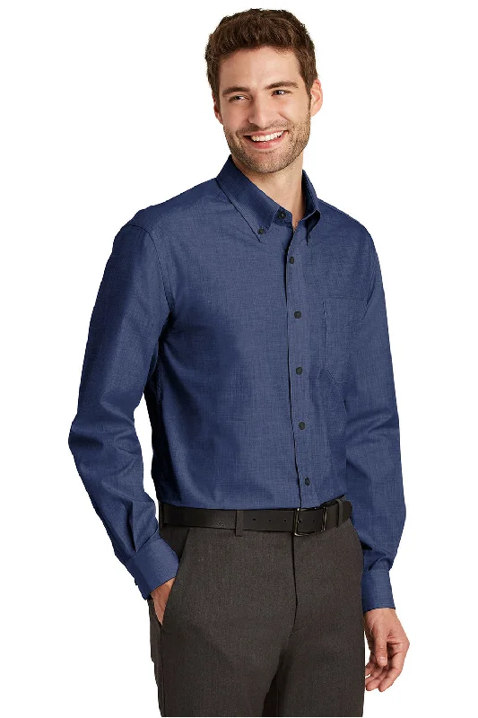 Port Authority Mens Easy Care Wrinkle Resistant Long Sleeve Button Down Shirt w/ Pocket - Deep Blue