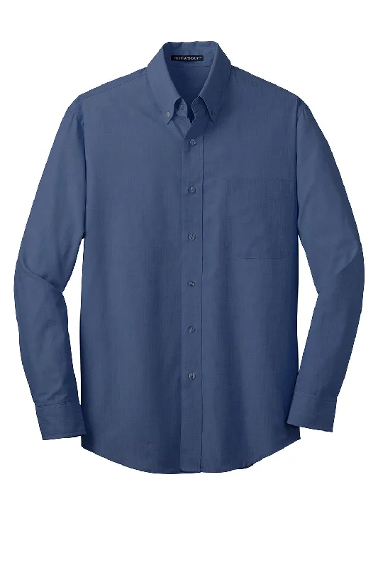 Port Authority Mens Easy Care Wrinkle Resistant Long Sleeve Button Down Shirt w/ Pocket - Deep Blue