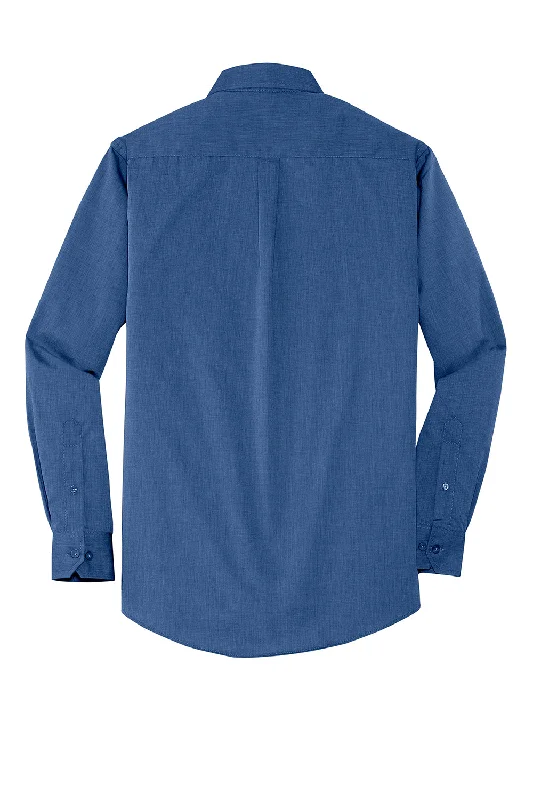 Port Authority Mens Easy Care Wrinkle Resistant Long Sleeve Button Down Shirt w/ Pocket - Deep Blue