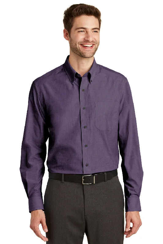 Port Authority Mens Easy Care Wrinkle Resistant Long Sleeve Button Down Shirt w/ Pocket - Grape Harvest Purple - Closeout