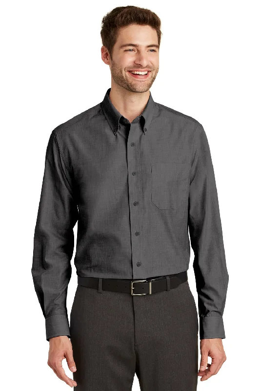 Port Authority Mens Easy Care Wrinkle Resistant Long Sleeve Button Down Shirt w/ Pocket - Soft Black