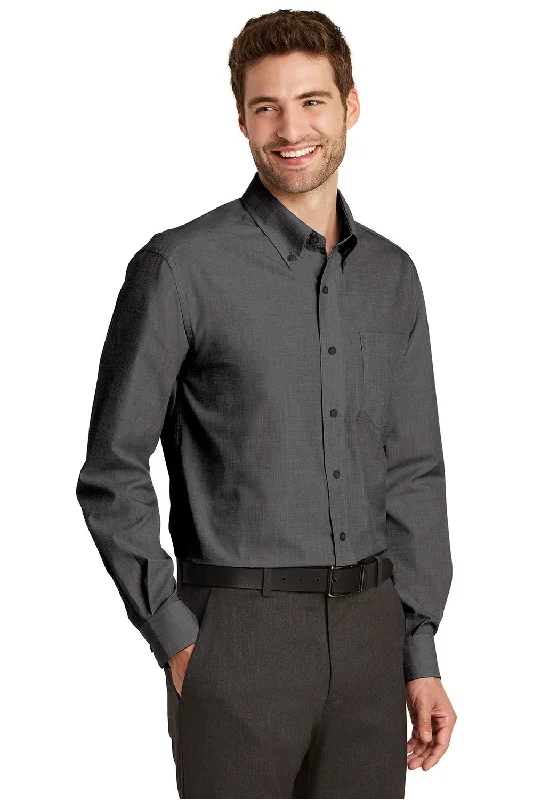 Port Authority Mens Easy Care Wrinkle Resistant Long Sleeve Button Down Shirt w/ Pocket - Soft Black