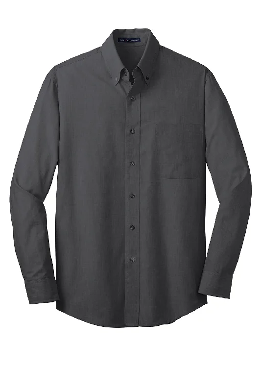 Port Authority Mens Easy Care Wrinkle Resistant Long Sleeve Button Down Shirt w/ Pocket - Soft Black