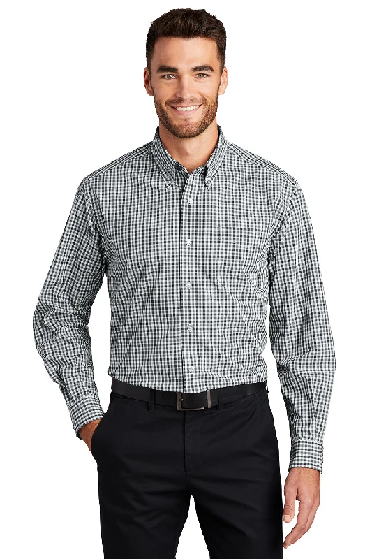 Port Authority Mens Easy Care Wrinkle Resistant Long Sleeve Button Down Shirt w/ Pocket - Black/Charcoal Grey