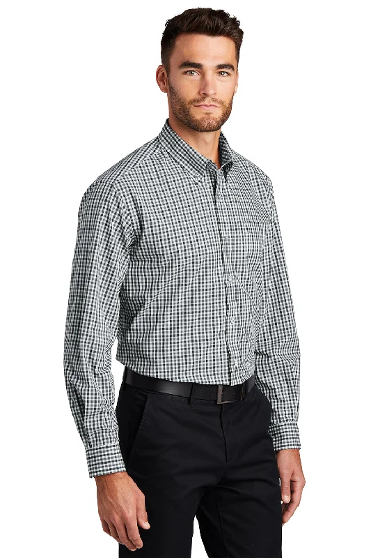 Port Authority Mens Easy Care Wrinkle Resistant Long Sleeve Button Down Shirt w/ Pocket - Black/Charcoal Grey