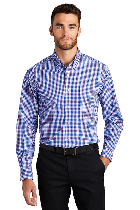 Port Authority Mens Easy Care Wrinkle Resistant Long Sleeve Button Down Shirt w/ Pocket - Blue/Purple