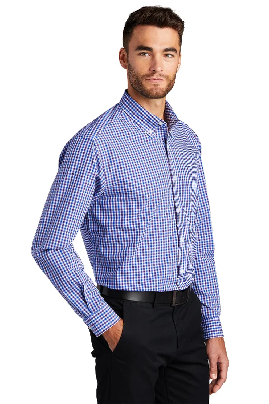 Port Authority Mens Easy Care Wrinkle Resistant Long Sleeve Button Down Shirt w/ Pocket - Blue/Purple