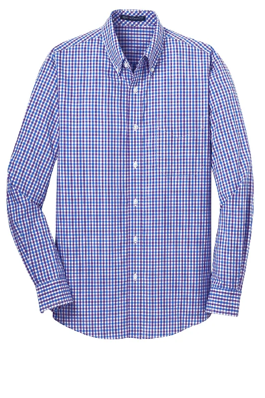 Port Authority Mens Easy Care Wrinkle Resistant Long Sleeve Button Down Shirt w/ Pocket - Blue/Purple