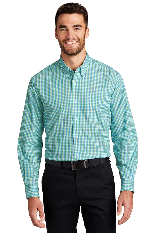 Port Authority Mens Easy Care Wrinkle Resistant Long Sleeve Button Down Shirt w/ Pocket - Green/Aqua Blue