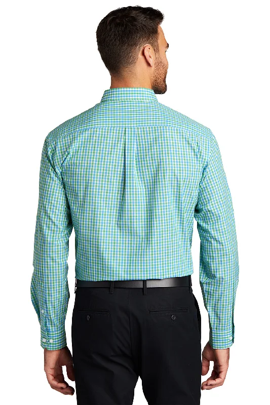 Port Authority Mens Easy Care Wrinkle Resistant Long Sleeve Button Down Shirt w/ Pocket - Green/Aqua Blue