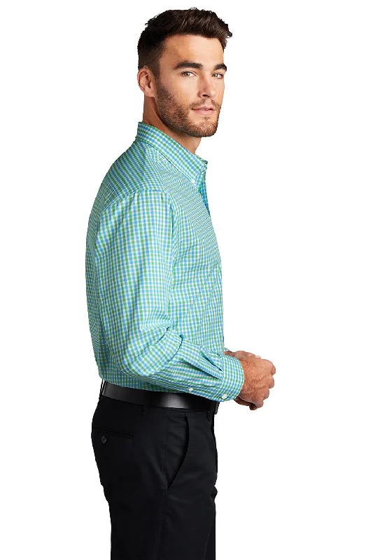 Port Authority Mens Easy Care Wrinkle Resistant Long Sleeve Button Down Shirt w/ Pocket - Green/Aqua Blue