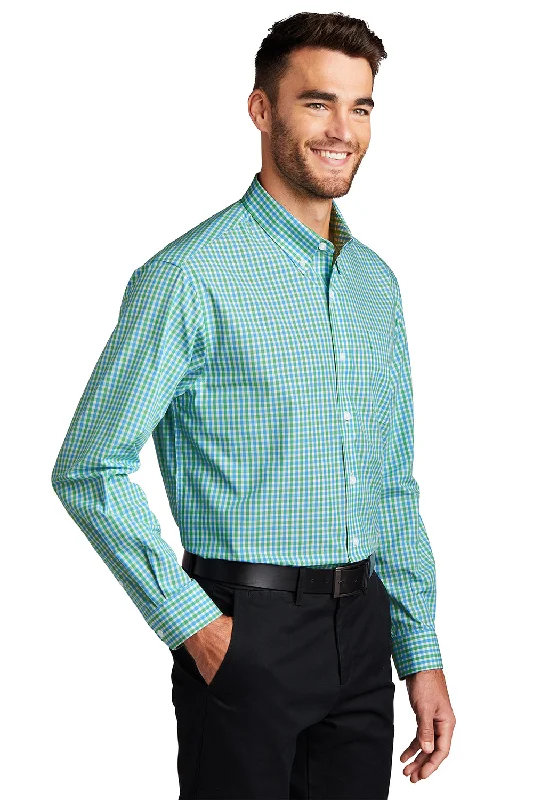 Port Authority Mens Easy Care Wrinkle Resistant Long Sleeve Button Down Shirt w/ Pocket - Green/Aqua Blue