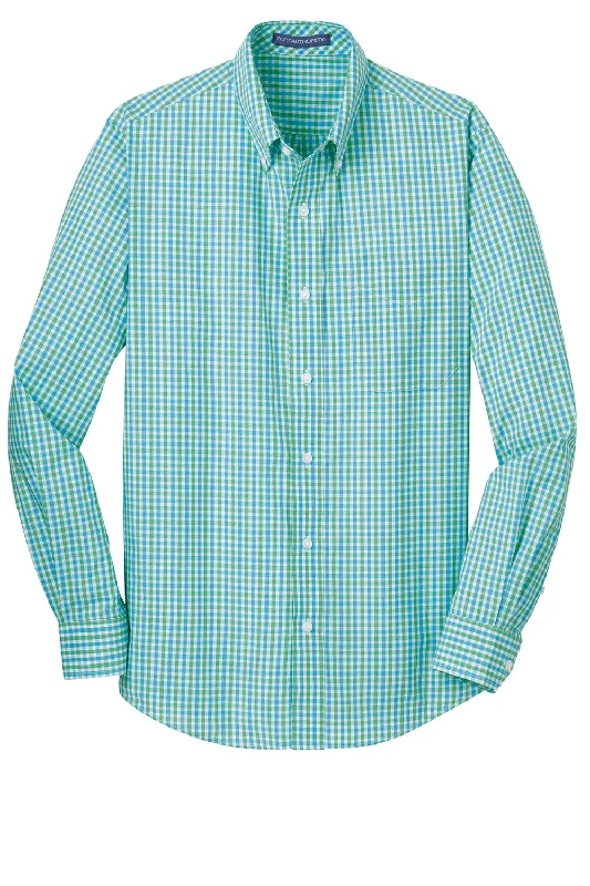 Port Authority Mens Easy Care Wrinkle Resistant Long Sleeve Button Down Shirt w/ Pocket - Green/Aqua Blue