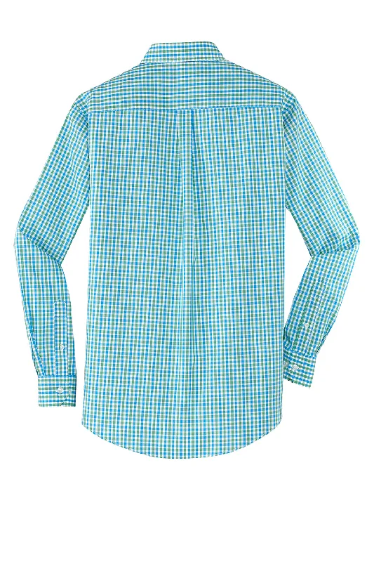 Port Authority Mens Easy Care Wrinkle Resistant Long Sleeve Button Down Shirt w/ Pocket - Green/Aqua Blue