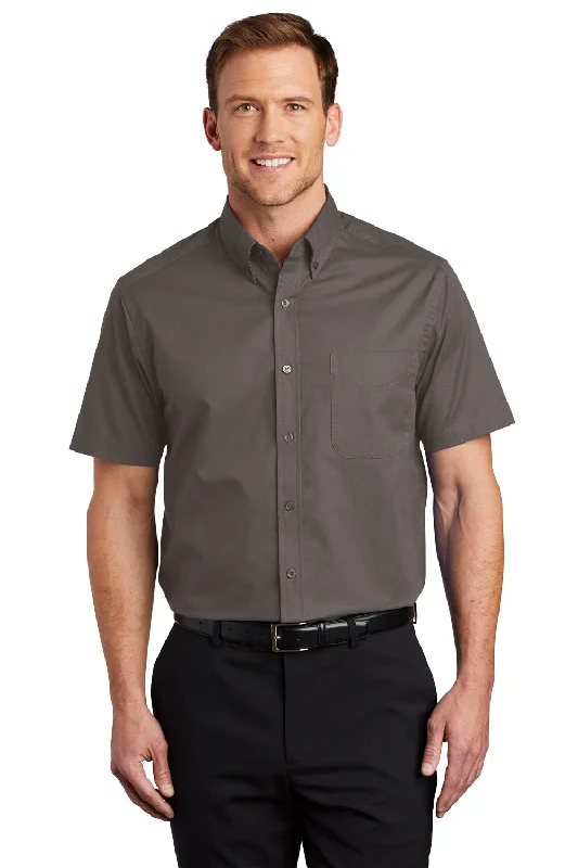 Port Authority Mens Easy Care Wrinkle Resistant Short Sleeve Button Down Shirt w/ Pocket - Bark Brown - Closeout