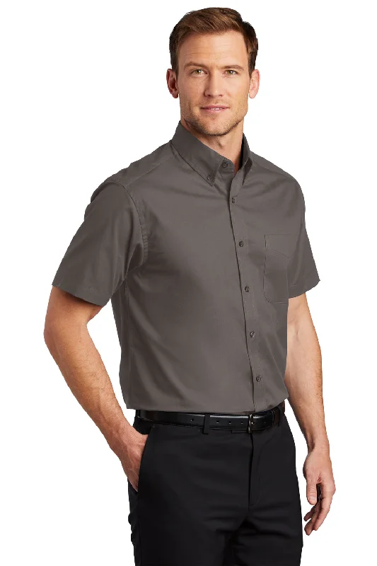 Port Authority Mens Easy Care Wrinkle Resistant Short Sleeve Button Down Shirt w/ Pocket - Bark Brown - Closeout