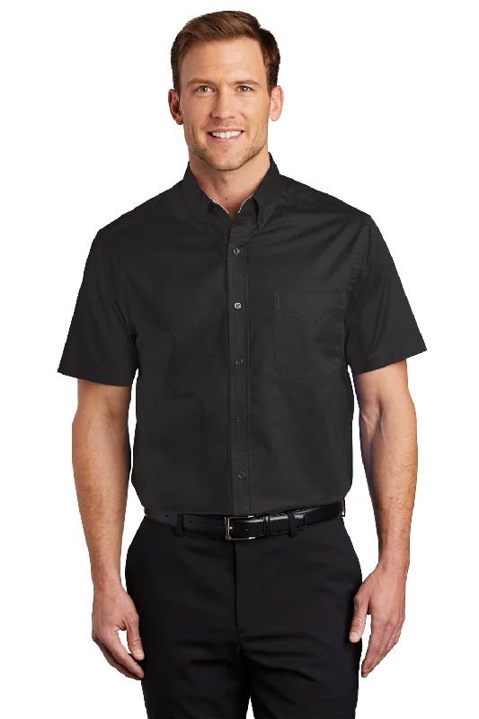 Port Authority Mens Easy Care Wrinkle Resistant Short Sleeve Button Down Shirt w/ Pocket - Black