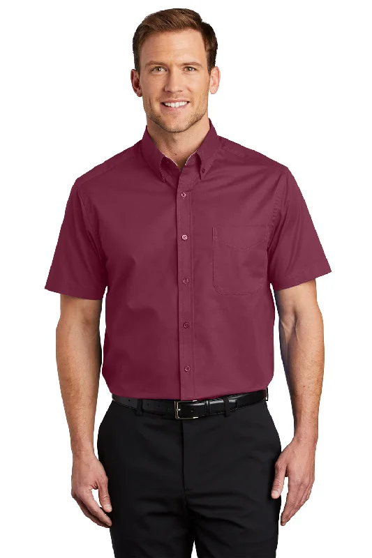 Port Authority Mens Easy Care Wrinkle Resistant Short Sleeve Button Down Shirt w/ Pocket - Burgundy