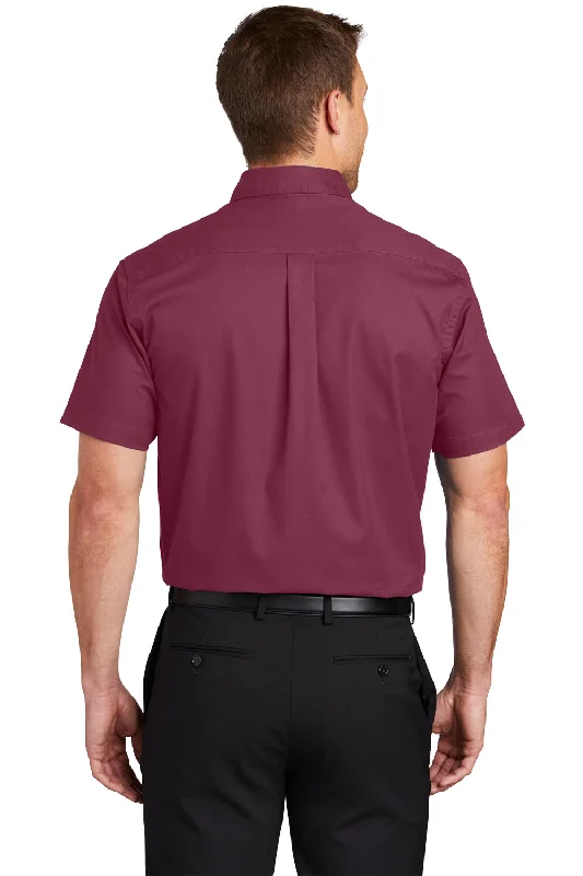 Port Authority Mens Easy Care Wrinkle Resistant Short Sleeve Button Down Shirt w/ Pocket - Burgundy