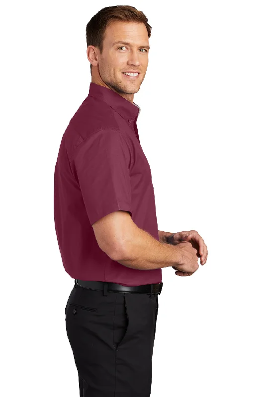 Port Authority Mens Easy Care Wrinkle Resistant Short Sleeve Button Down Shirt w/ Pocket - Burgundy