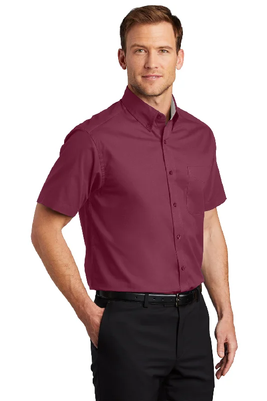 Port Authority Mens Easy Care Wrinkle Resistant Short Sleeve Button Down Shirt w/ Pocket - Burgundy