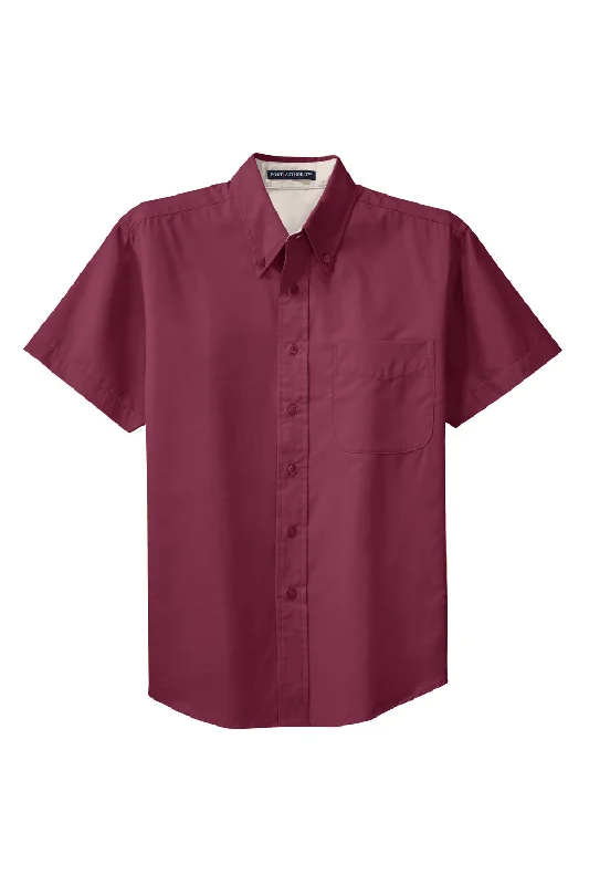 Port Authority Mens Easy Care Wrinkle Resistant Short Sleeve Button Down Shirt w/ Pocket - Burgundy