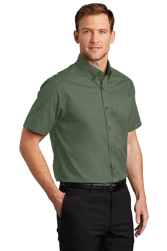 Port Authority Mens Easy Care Wrinkle Resistant Short Sleeve Button Down Shirt w/ Pocket - Clover Green